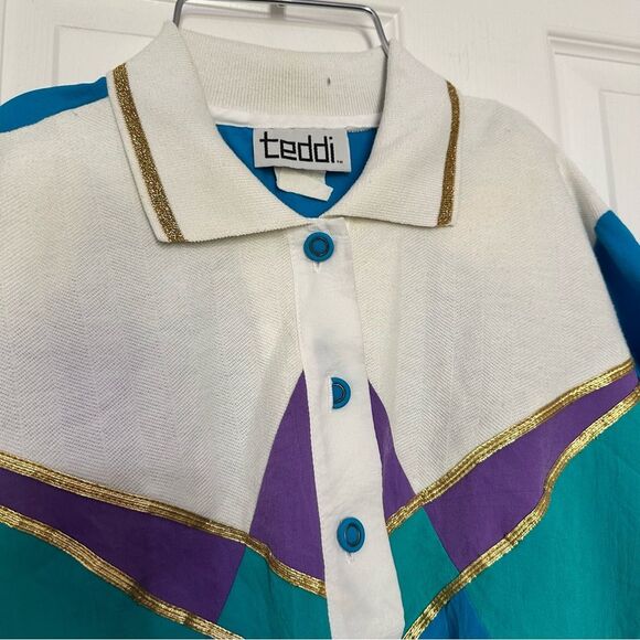 Teddi Vintage 80’s White and Teal Half Button Up Shirt with Shoulder Pads - Picture 5 of 7